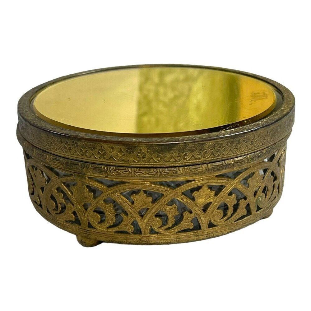 Openwork Brass Round Filigree Footed Glass Powder Box Trinket Casket Mirror Lid